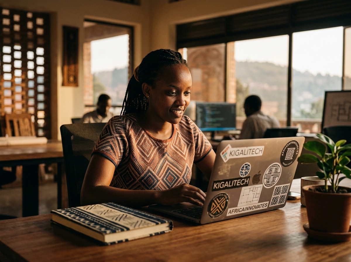 A young Rwandan engineer at a desk in Kigali, working on a sticker-covered laptop in late afternoon light.